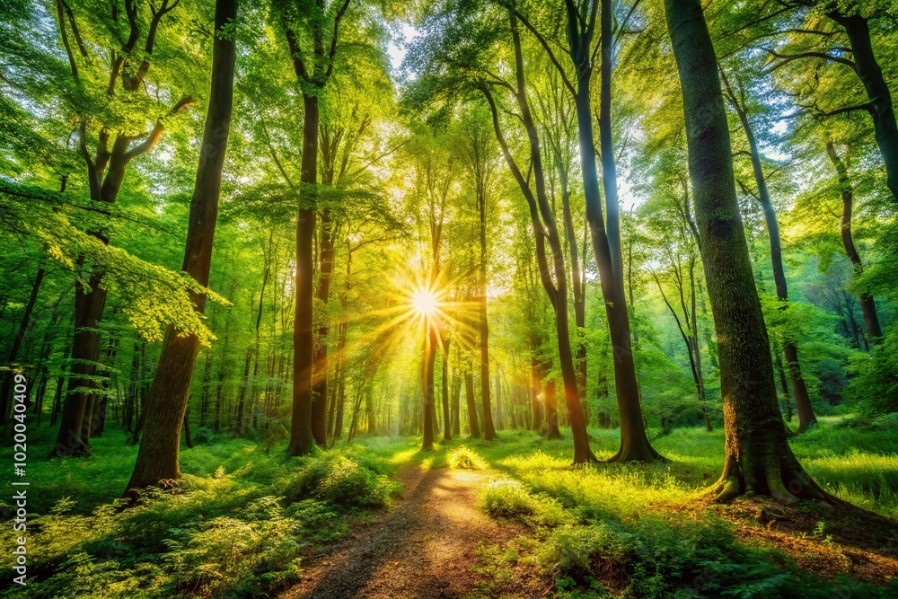 Fototapeta premium Tranquil Forest Scene with Lush Green Trees, Sunlight Filtering Through Leaves, and Serene Atmosphere