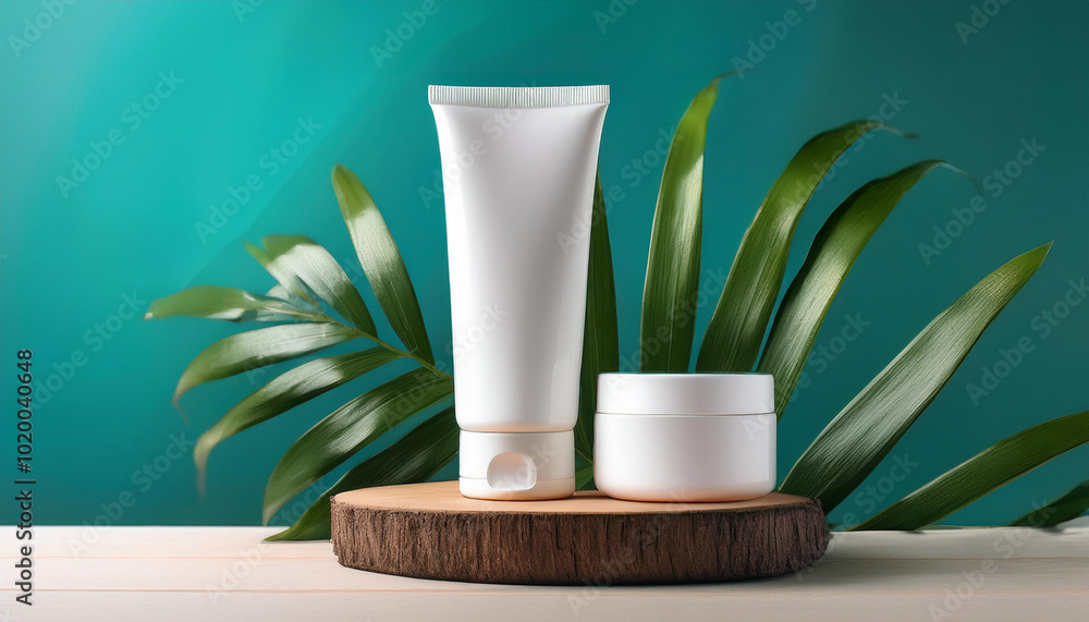 Mockup unbranded cream tube and bottle on wooden podium with green leaf Mockup unbranded cream tube and bottle on wooden podium with green leaf