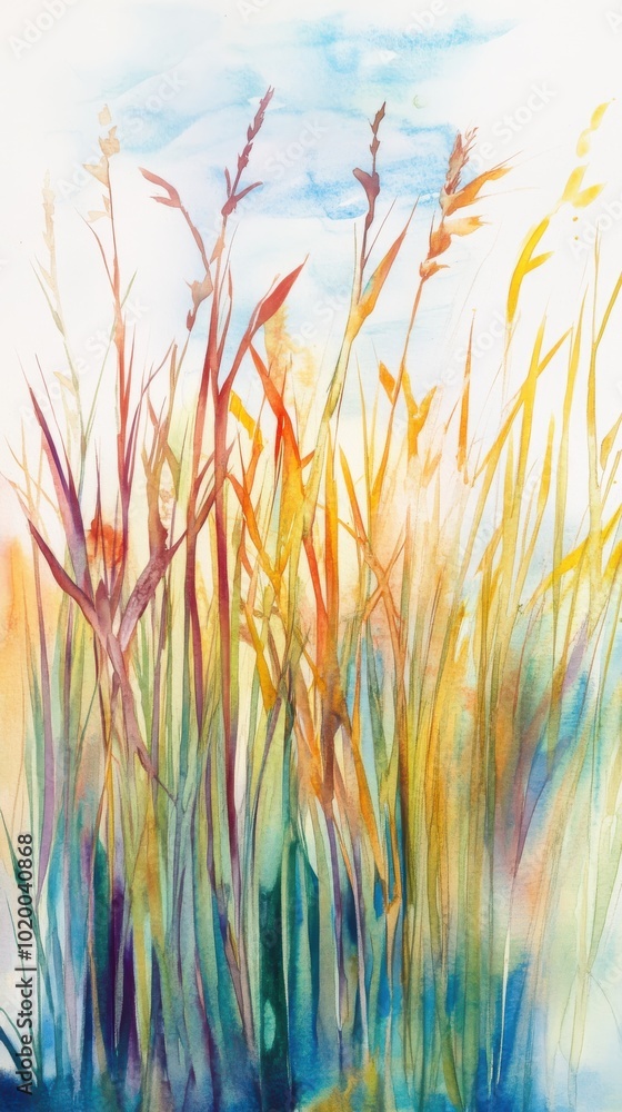 A vibrant watercolor painting of tall grass, infused with warm hues and soft brush strokes, evoking tranquility and nature's beauty. A vibrant watercolor painting of tall grass, infused with warm hues and soft brush strokes, evoking tranquility and nature's beauty.