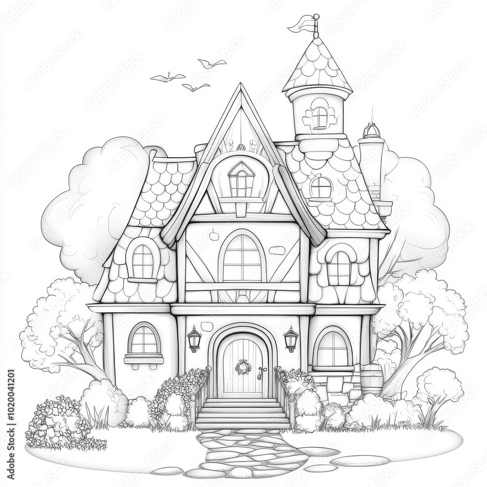 A whimsical line art of a charming house surrounded by trees and bushes, perfect for coloring or artistic inspiration. A whimsical line art of a charming house surrounded by trees and bushes, perfect for coloring or artistic inspiration.
