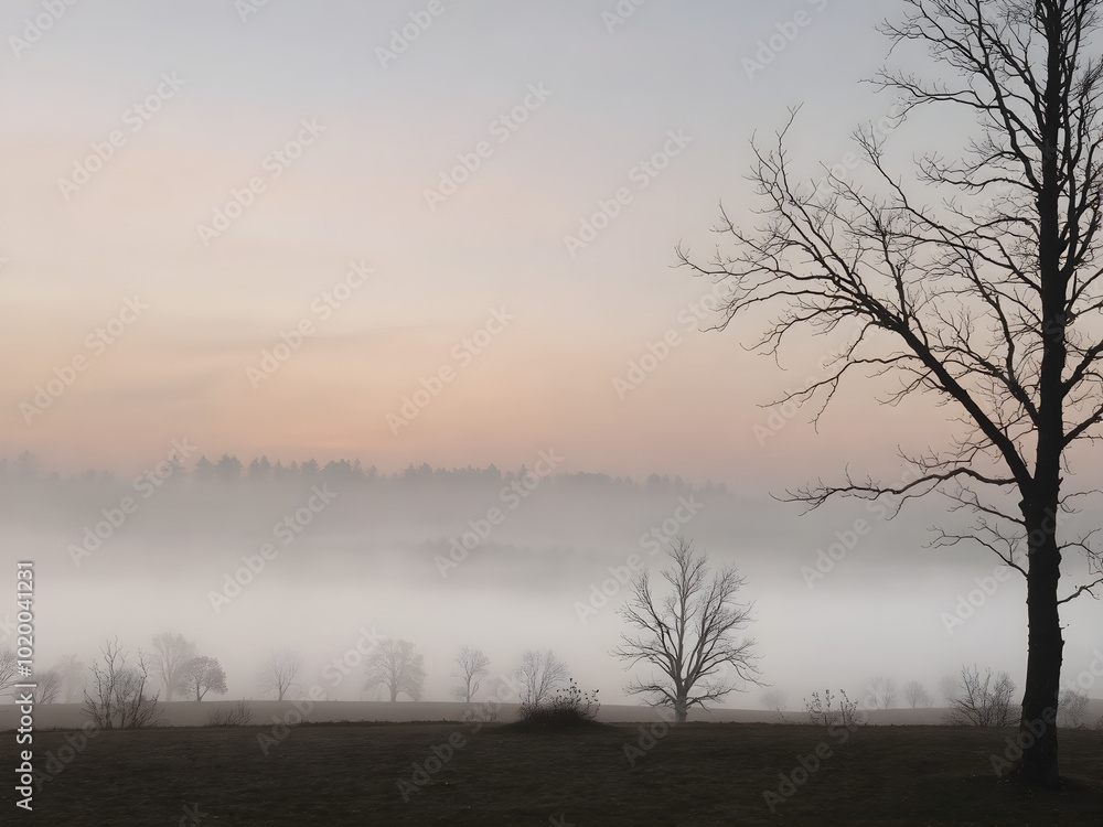 Fototapeta premium A tranquil scene of a misty sky at dawn, with the landscape partially obscured by fog and the soft light of morning breaking through 