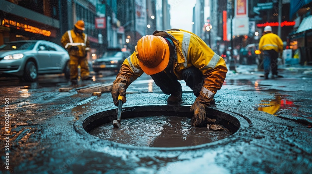 Worker in Yellow Rain Gear Inspects Open Sewer Drain in City Street Worker in Yellow Rain Gear Inspects Open Sewer Drain in City Street