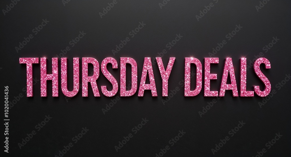 Thursday deals pink glittery shiny sparkling lettering on plain black background Thursday deals pink glittery shiny sparkling lettering on plain black background