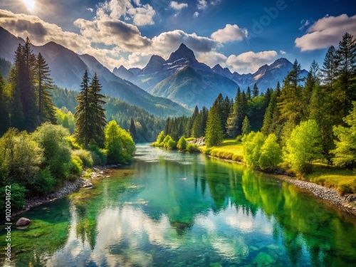 Tranquil Landscape with Lush Green Forest, Serene River and Majestic Mountains Under Clear Sky