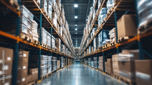 Warehouse Aisle with Shelves of Boxes and Goods