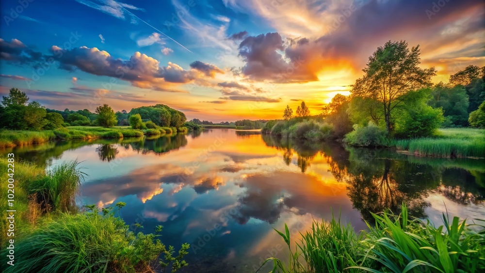 Tranquil natural landscape featuring lush greenery, serene water, and vibrant sky during sunset Tranquil natural landscape featuring lush greenery, serene water, and vibrant sky during sunset