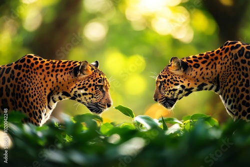 Two jaguars engaging in a gaze amid lush green foliage. photo