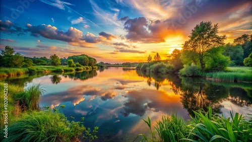 Tranquil natural landscape featuring lush greenery, serene water, and vibrant sky during sunset