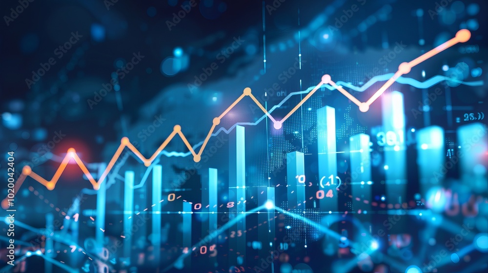 Blue growth chart representing financial success with rising data graph and upward arrow symbol on abstract background for marketing and investment analytics Blue growth chart representing financial success with rising data graph and upward arrow symbol on abstract background for marketing and investment analytics