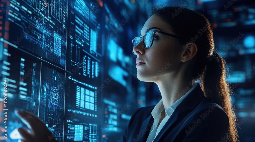 Intelligent Businesswoman Analyzing Data on Digital Display Intelligent Businesswoman Analyzing Data on Digital Display