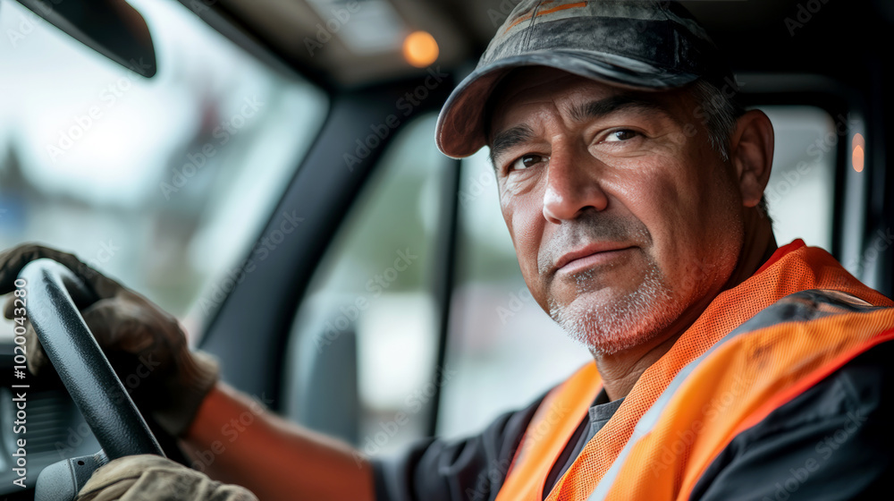 Confident Truck Driver in Orange Vest Steering Vehicle on Road Confident Truck Driver in Orange Vest Steering Vehicle on Road