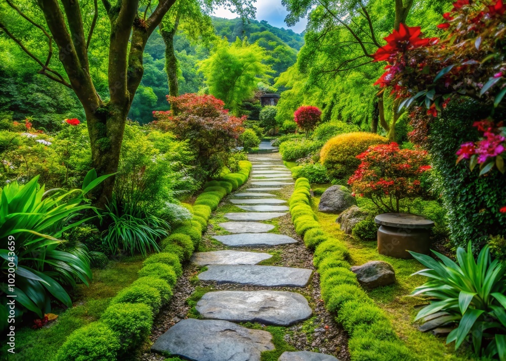Obraz premium Tranquil Stone Pathway Through Lush Greenery Leading to a Peaceful Garden Retreat in Nature