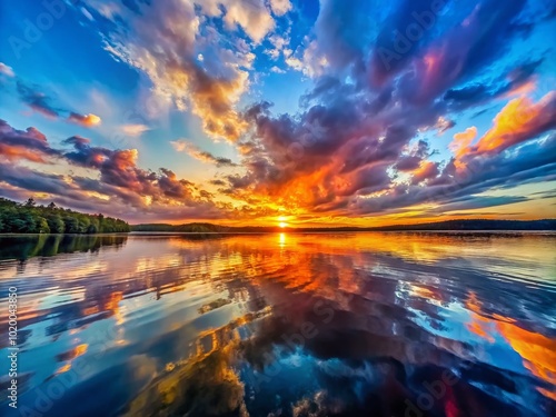 Tranquil sunset over a serene lake with vibrant colors reflecting on the calm water surface