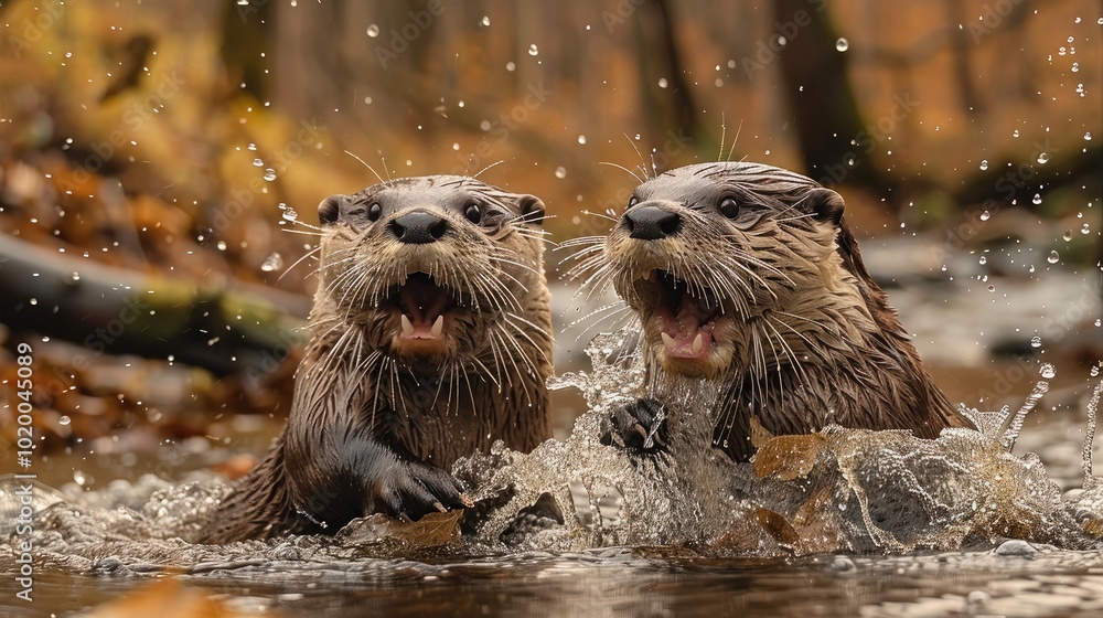 Two otters playfully splashing water at each other in a forest stream. Two otters playfully splashing water at each other in a forest stream.