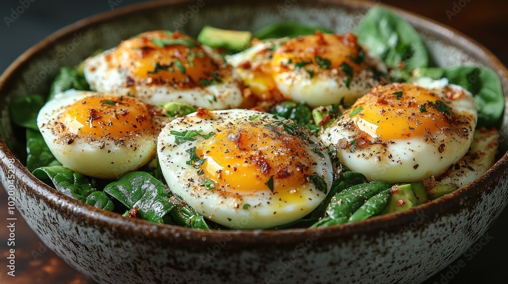 A bowl of spinach topped with perfectly cooked eggs and spices. A bowl of spinach topped with perfectly cooked eggs and spices.