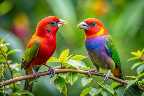 Two colorful birds perched on a branch engaged in lively conversation amidst lush green foliage