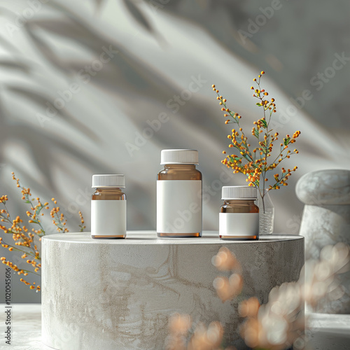 3 white medicine bottles on a podium. The background is light gray, with soft lighting creating a warm atmosphere.