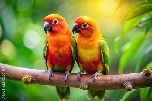 Two Colorful Love Birds Sitting Together on a Branch in a Lush Green Natural Environment