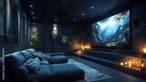 Cozy home theater with a large screen and ambient lighting. photo