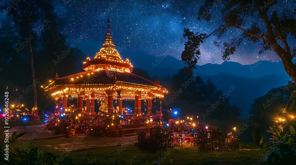 Fototapeta premium A scenic view of a temple adorned with lights and festive decorations under a starry sky during Dawali