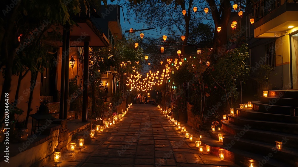 An evening scene of a neighborhood lit up with candles and decorative lanterns in celebration of Dawali An evening scene of a neighborhood lit up with candles and decorative lanterns in celebration of Dawali