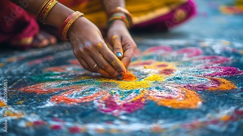 A close-up of hands applying colored powders on the ground to create a detailed rangoli pattern for Dawali