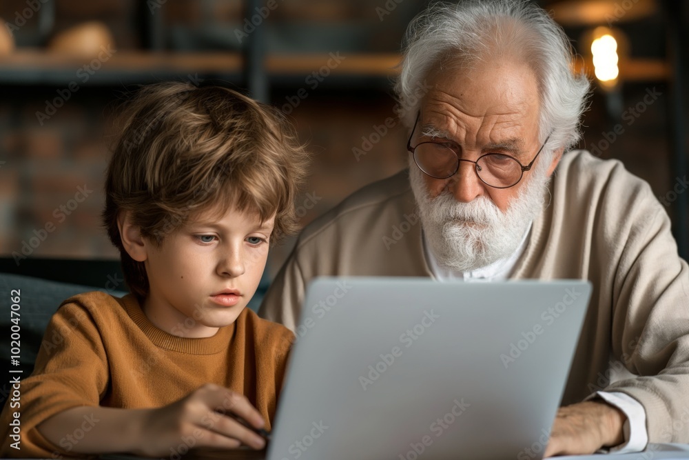 A grandfather and his grandson using a laptop together, both focused on the screen. The scene captures a moment of learning and bonding, highlighting the connection between generations A grandfather and his grandson using a laptop together, both focused on the screen. The scene captures a moment of learning and bonding, highlighting the connection between generations