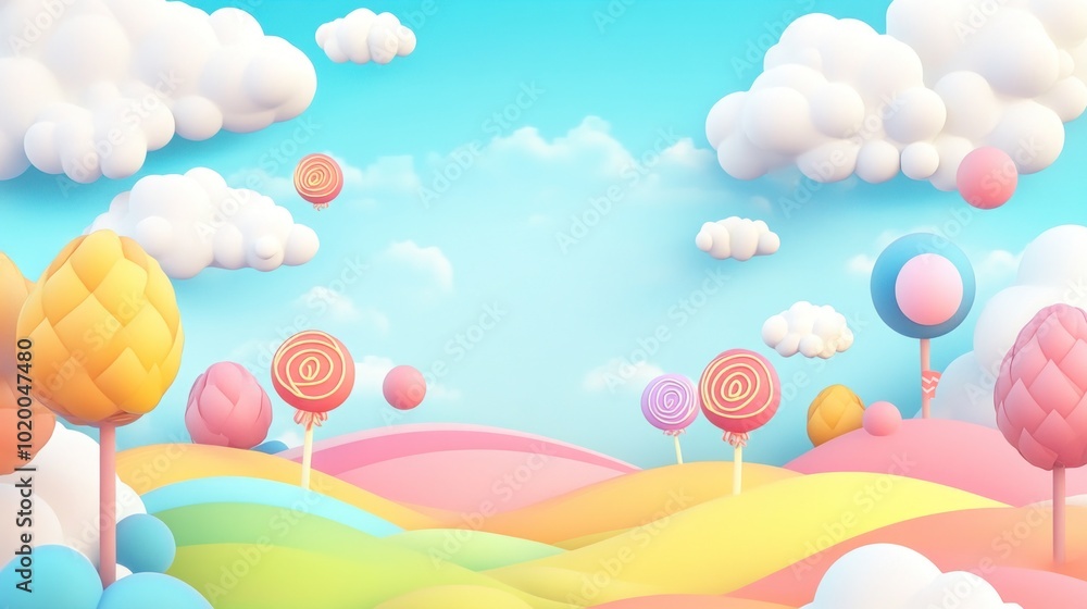 Children's fantasy world background with candy theme and colorful scheme of white clouds, rainbow colored hills, adorable candy, atmosphere concept that fits in children's imagination.