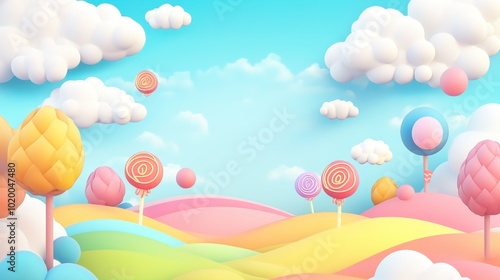 Children's fantasy world background with candy theme and colorful scheme of white clouds, rainbow colored hills, adorable candy, atmosphere concept that fits in children's imagination.