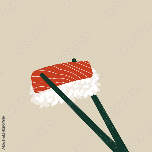 Salmon sushi in sticks. Textured retro style. 