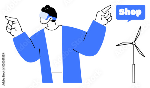 Person wearing VR headset and pointing towards a shop sign and a wind turbine. Ideal for online shopping, AR and VR technology, renewable energy, digital retail, and environmental awareness. Simple