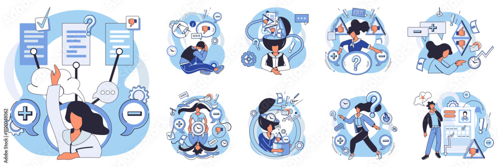 Fototapeta premium Critical thinking. Depictions of individuals engaging in reflective thought, problem-solving, and decision-making processes. Ideal for education, brainstorming, decision-making, problem-solving