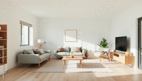 Minimalist living room with classic Mid-Century elements, featuring a clean layout, light wood accents, and a cozy, welcoming atmosphere.