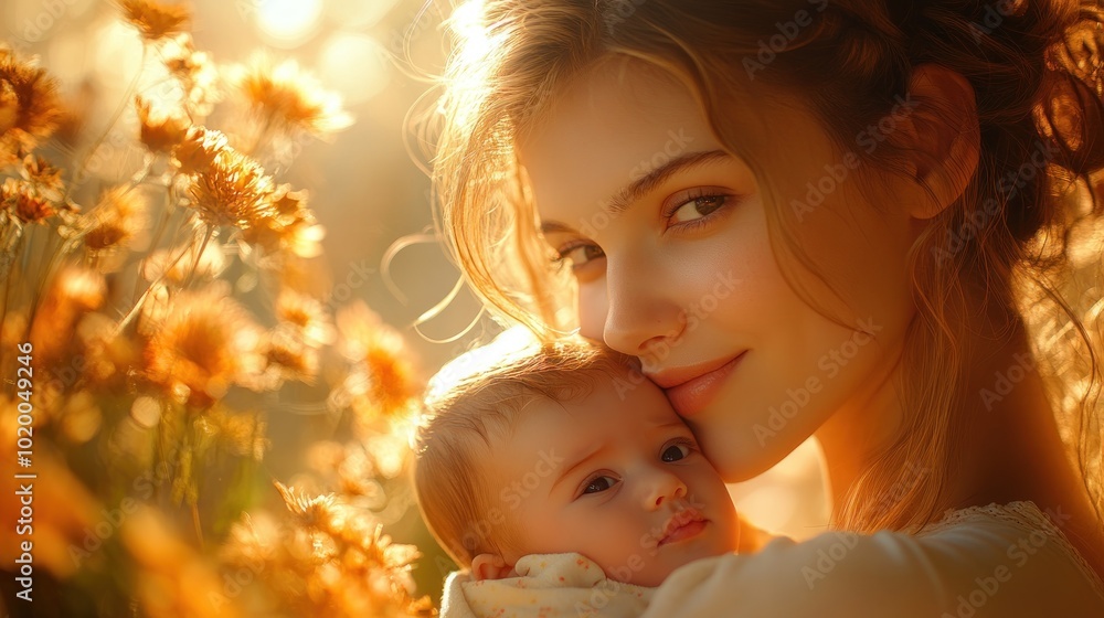 A serene moment between a mother and her baby in a flower field. A serene moment between a mother and her baby in a flower field.