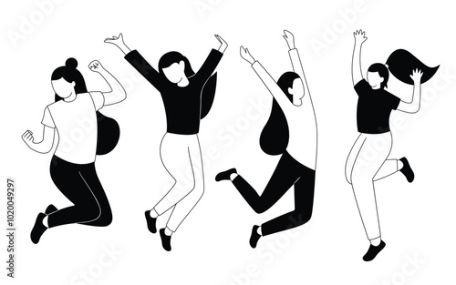A group of women jumping with trendy line design style vector illustration