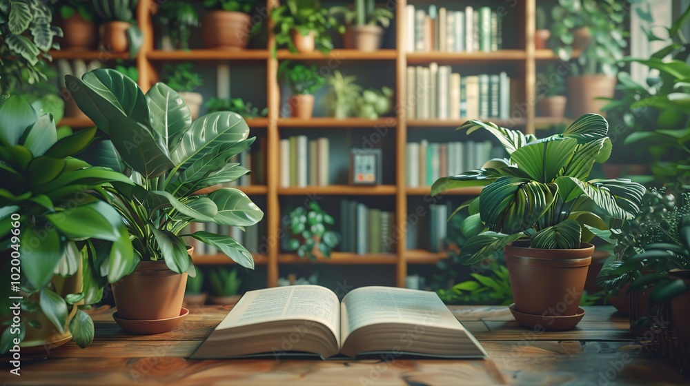 Open Book on Wooden Table with Lush Greenery Open Book on Wooden Table with Lush Greenery