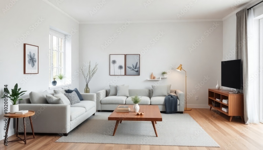 Scandinavian-inspired living room with a unique layout, featuring light gray walls, a cozy sectional sofa, and a sleek wooden coffee table. The decor is kept minimal for a spacious feel. Scandinavian-inspired living room with a unique layout, featuring light gray walls, a cozy sectional sofa, and a sleek wooden coffee table. The decor is kept minimal for a spacious feel.