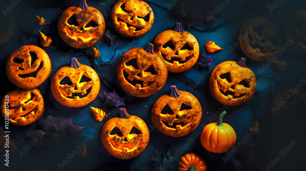 Closeup of many scary pumpkin cookies on dark black concrete table, top view Closeup of many scary pumpkin cookies on dark black concrete table, top view