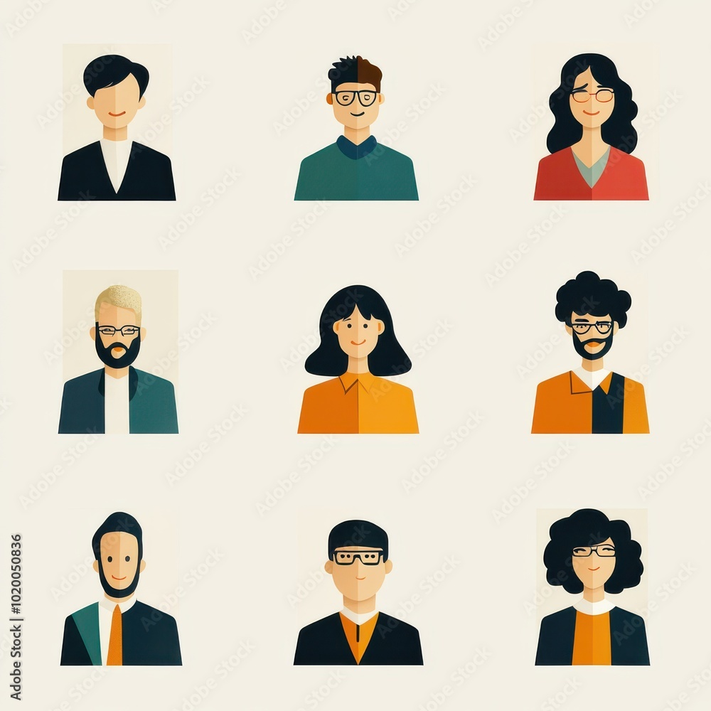 Colorful illustrations of diverse people with different hairstyles and glasses, perfect for team representation and character profiles. Colorful illustrations of diverse people with different hairstyles and glasses, perfect for team representation and character profiles.
