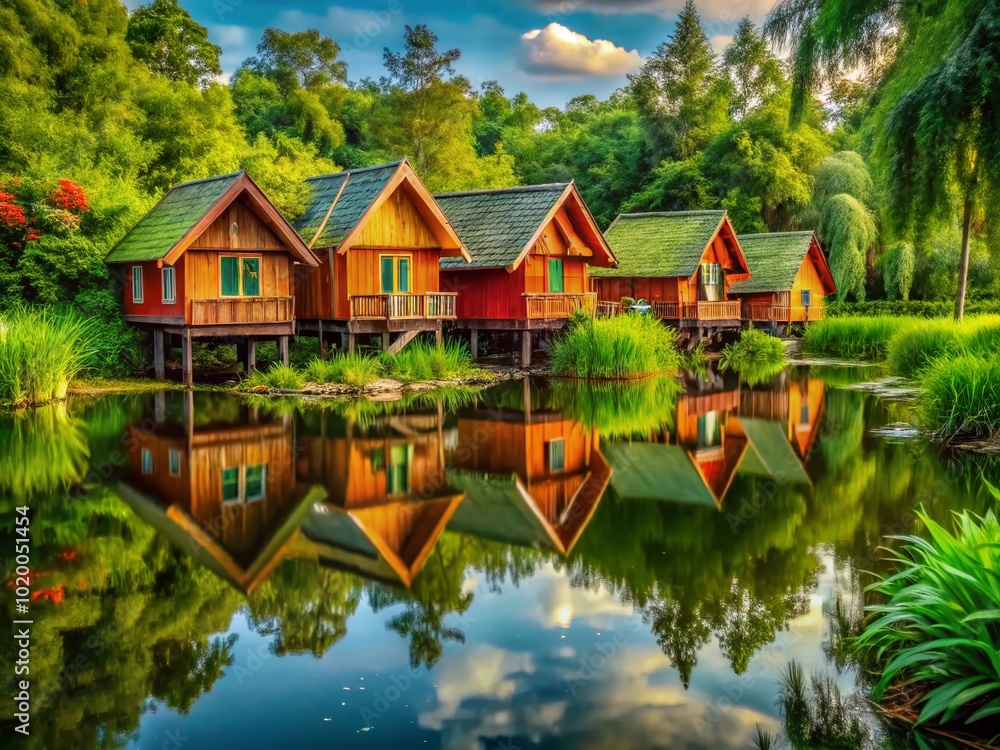 Obraz premium Unique Swamp Housing Surrounded by Lush Greenery and Water Reflecting the Tranquil Natural Environment