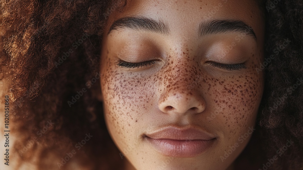 Close-Up of Relaxed Woman with Freckles and Curly Hair Close-Up of Relaxed Woman with Freckles and Curly Hair