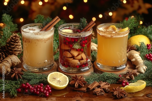 Mulled wine and mulled cider. Hot winter drinks and cocktails for christmas or new year`s eve in glass mugs with spices and citrus fruit 