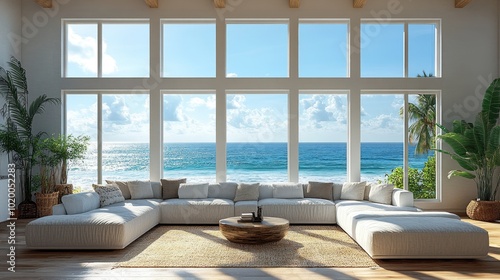 Modern living room with ocean view and natural light.