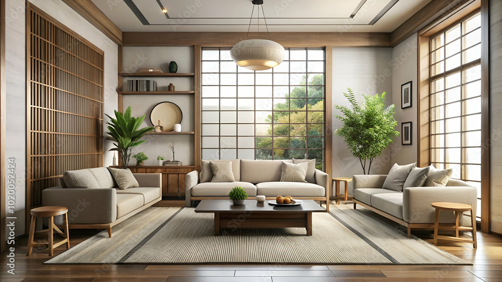 Modern living room featuring minimalist Japandi design, combining stylish furniture with classical architecture for a serene and functional aesthetic Modern living room featuring minimalist Japandi design, combining stylish furniture with classical architecture for a serene and functional aesthetic