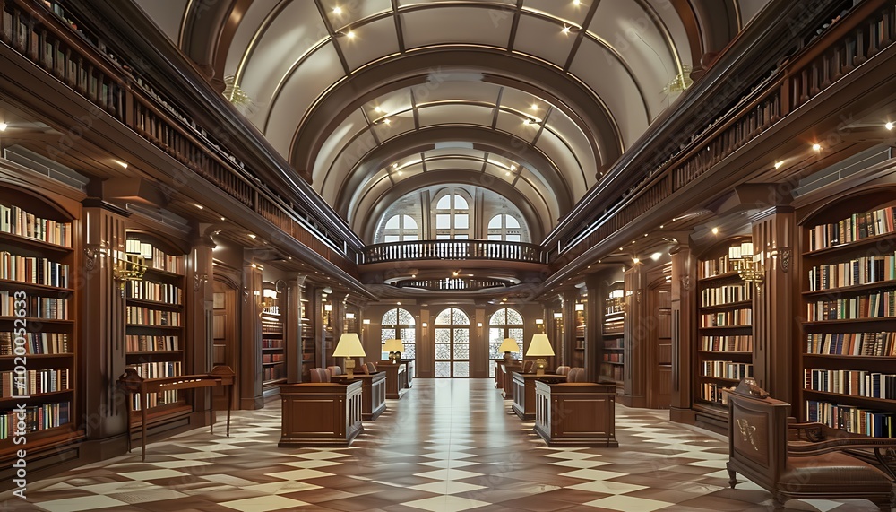 Fototapeta premium Library interior with bookshelves and tables