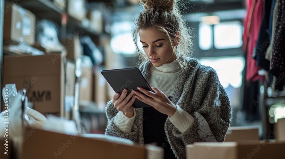 Woman Using Tablet in Cozy Storage Environment Woman Using Tablet in Cozy Storage Environment