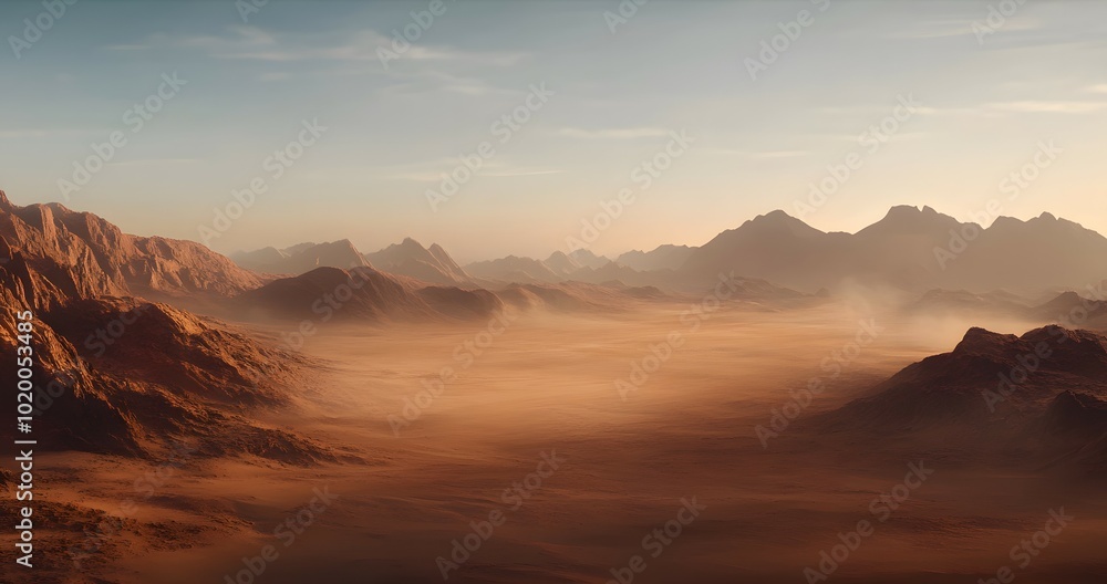 Naklejka premium A vast, red desert landscape on Mars with mountains in the background.