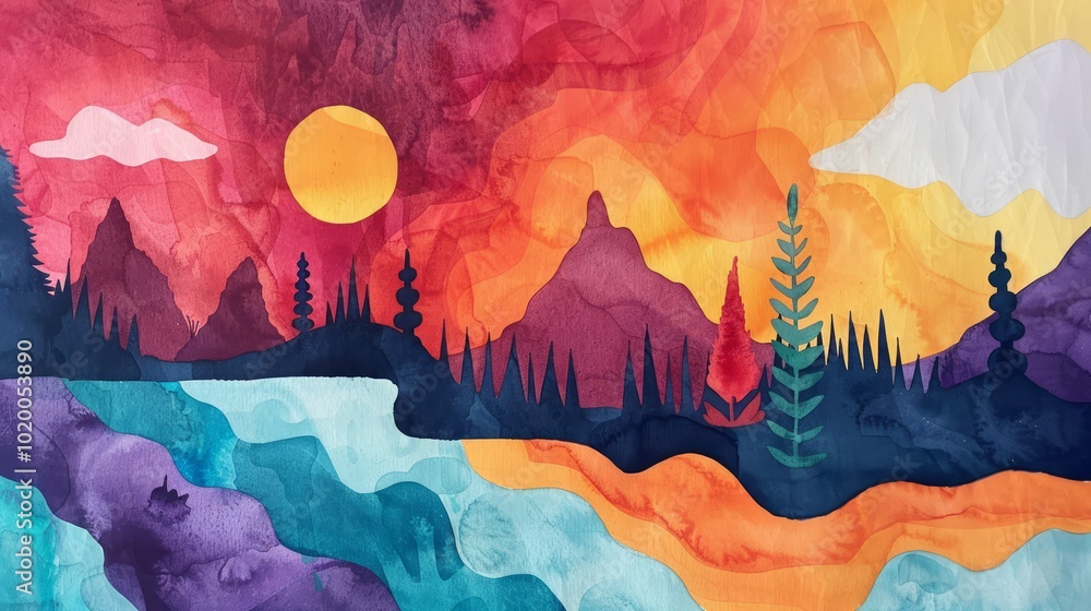 Surreal Watercolor Landscape with Floating Islands Surreal Watercolor Landscape with Floating Islands