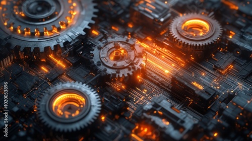 A dynamic composition of mechanical gears and glowing circuits, symbolizing the perfect synergy between business processes and technological innovation