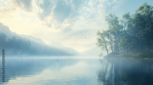 Misty lake with trees and mountains.